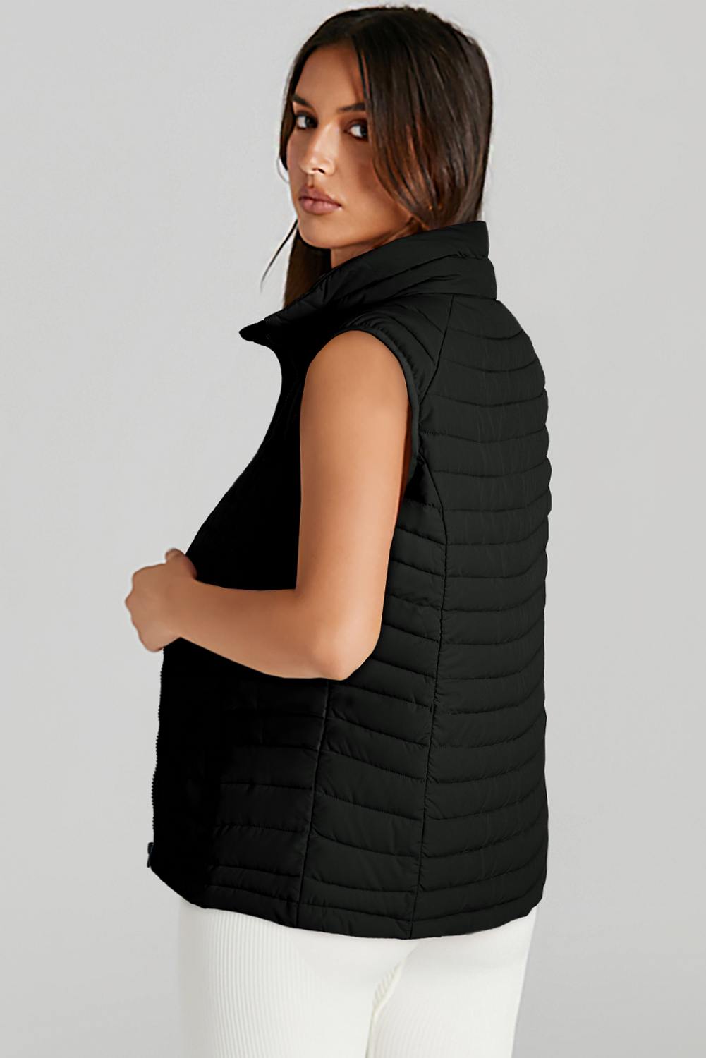 Black Plush Collared Quilted Zipped Puffer Vest - Image 2