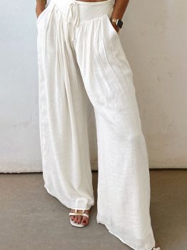 White Solid Drop Waist Pleated Wide Leg Casual Pants