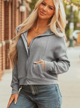 Gray Waffle Splicing Zip Up Front Button Hooded Jacket