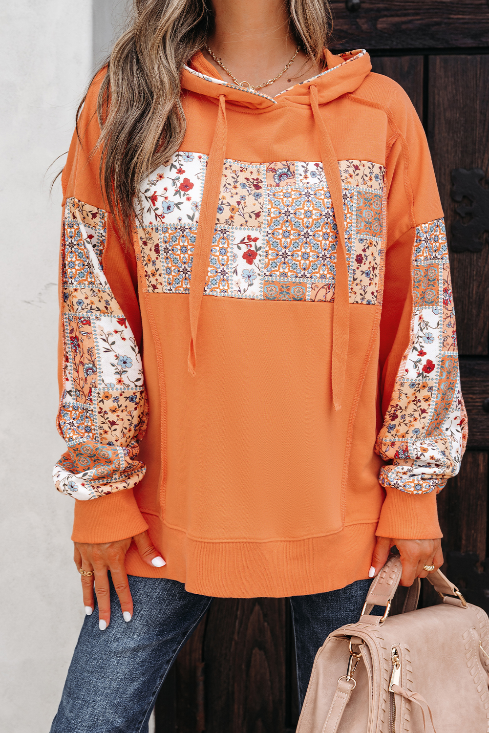 Flamingo Mix Floral Patchwork Side Slit Drawstring Hoodie - Image 7