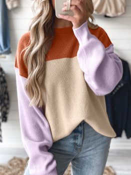 Khaki Color Block Plain Ribbed Knit Baggy Sweater
