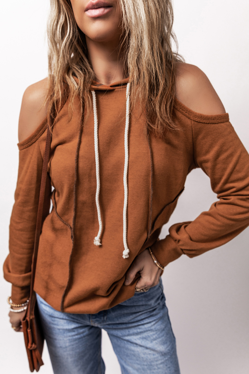 Cinnamon Exposed Seam Cold Shoulder Drawstring Hoodie - Image 4
