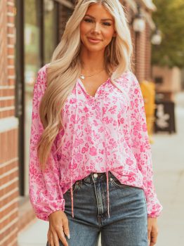 Pink Floral Puff Sleeve Split Neck Lightweight Blouse