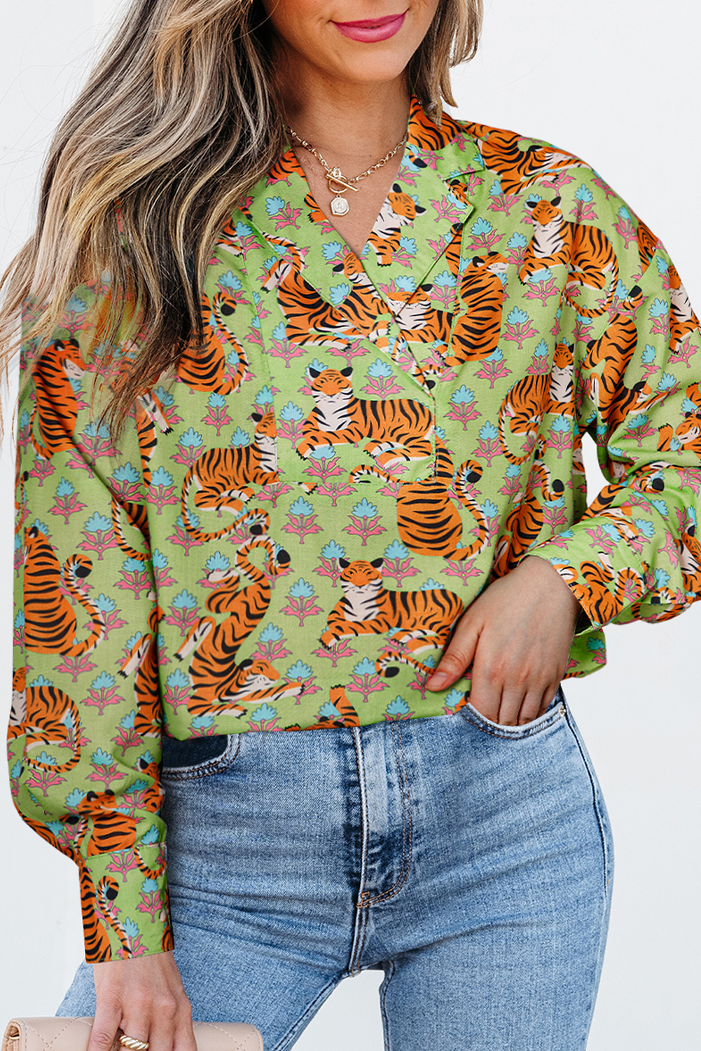 Green Tiger Floral Printed Collared V Neck Casual Shirt - Image 5