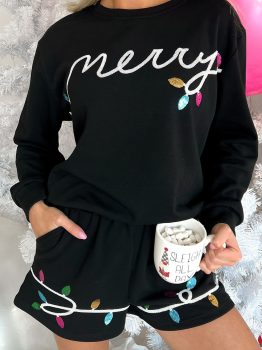 Black Sequin Merry Graphic Pullover and Shorts Outfit