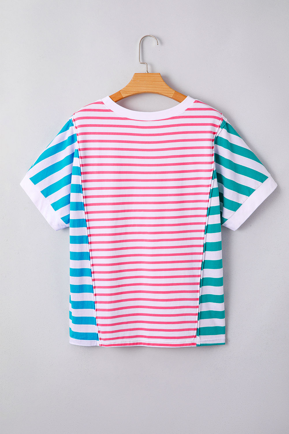 Pink Stripe Mixed Pattern Patchwork Uneven Hem Loose Tee - Image 5