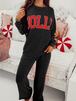 Black JOLLY Corded Long Sleeve Top and Pockets Pants Set