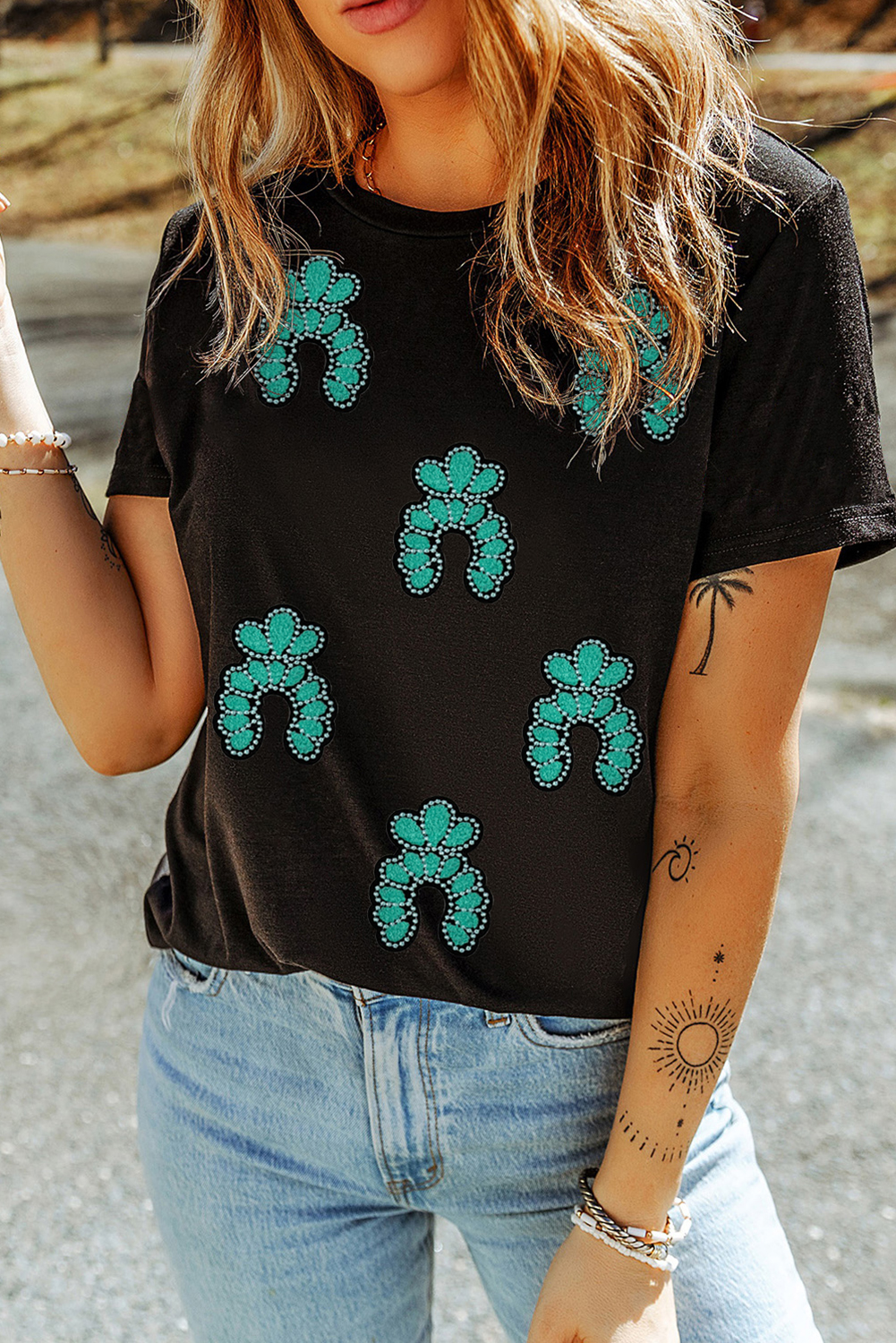 Black Western Turquoise Pattern Sequin Patched T Shirt - Image 8