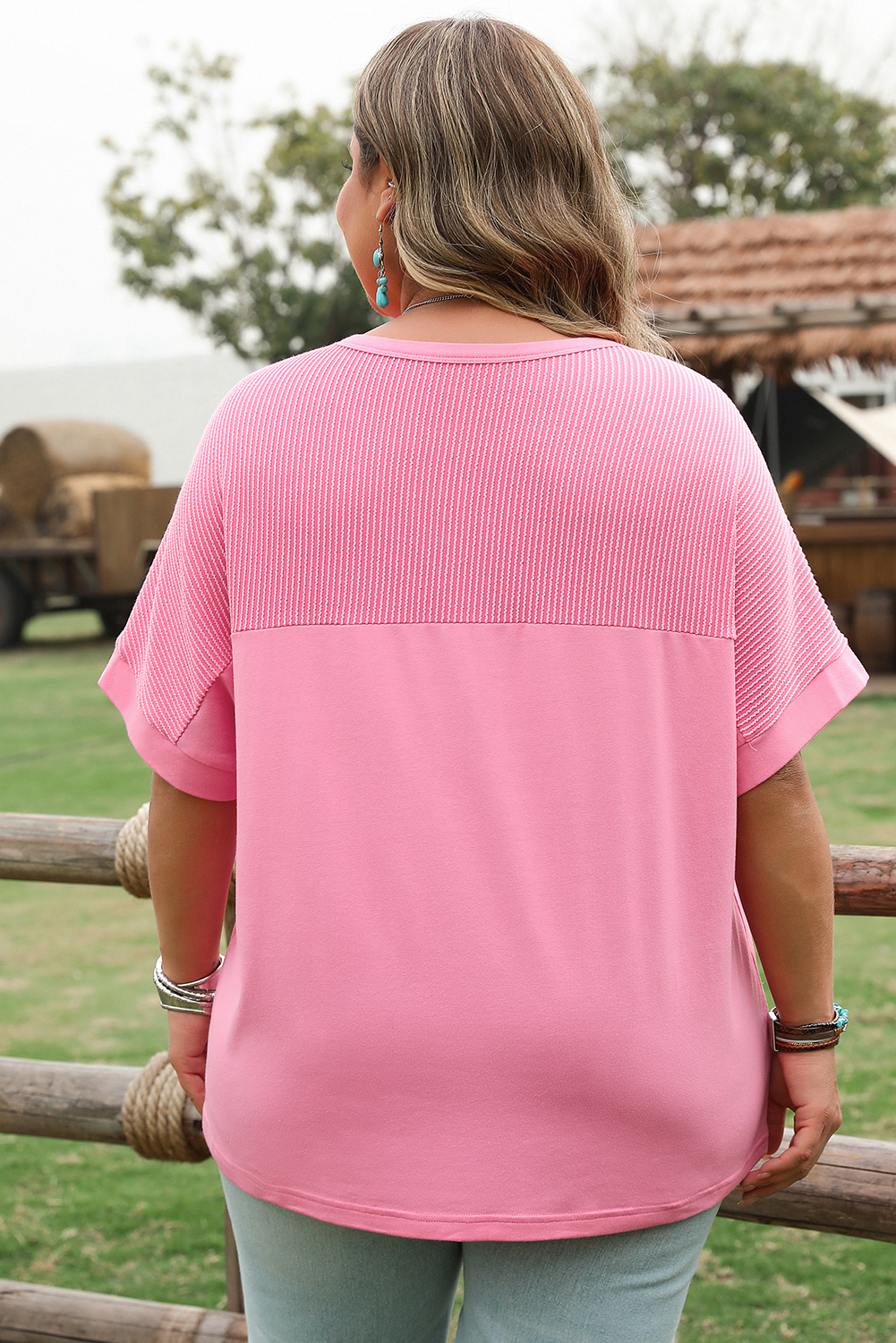 Bonbon Corded Patchwork Pocketed Plus Size T Shirt - Image 2