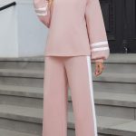 Pink Varsity Stripe Patchwork Puff Sleeve Pullover Drawstring Wide Leg Pant Set