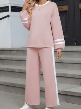 Pink Varsity Stripe Patchwork Puff Sleeve Pullover Drawstring Wide Leg Pant Set