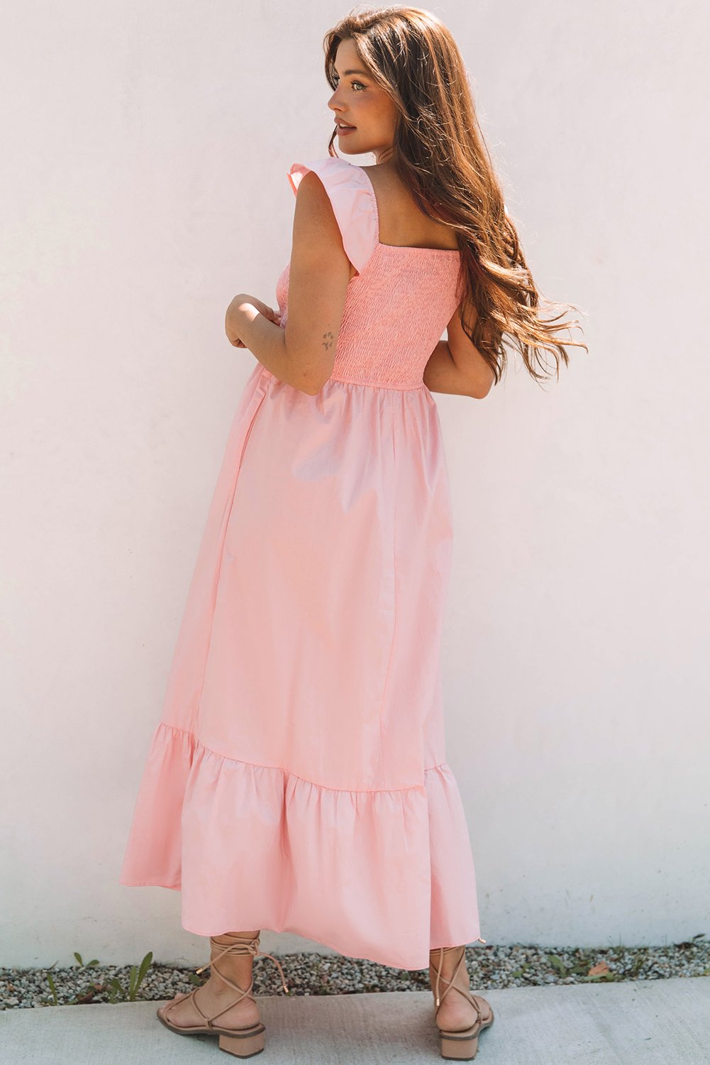 Pink V Neck Flutter Sleeve Smocked Bodice High Waist Ruffle Maxi Dress - Image 2