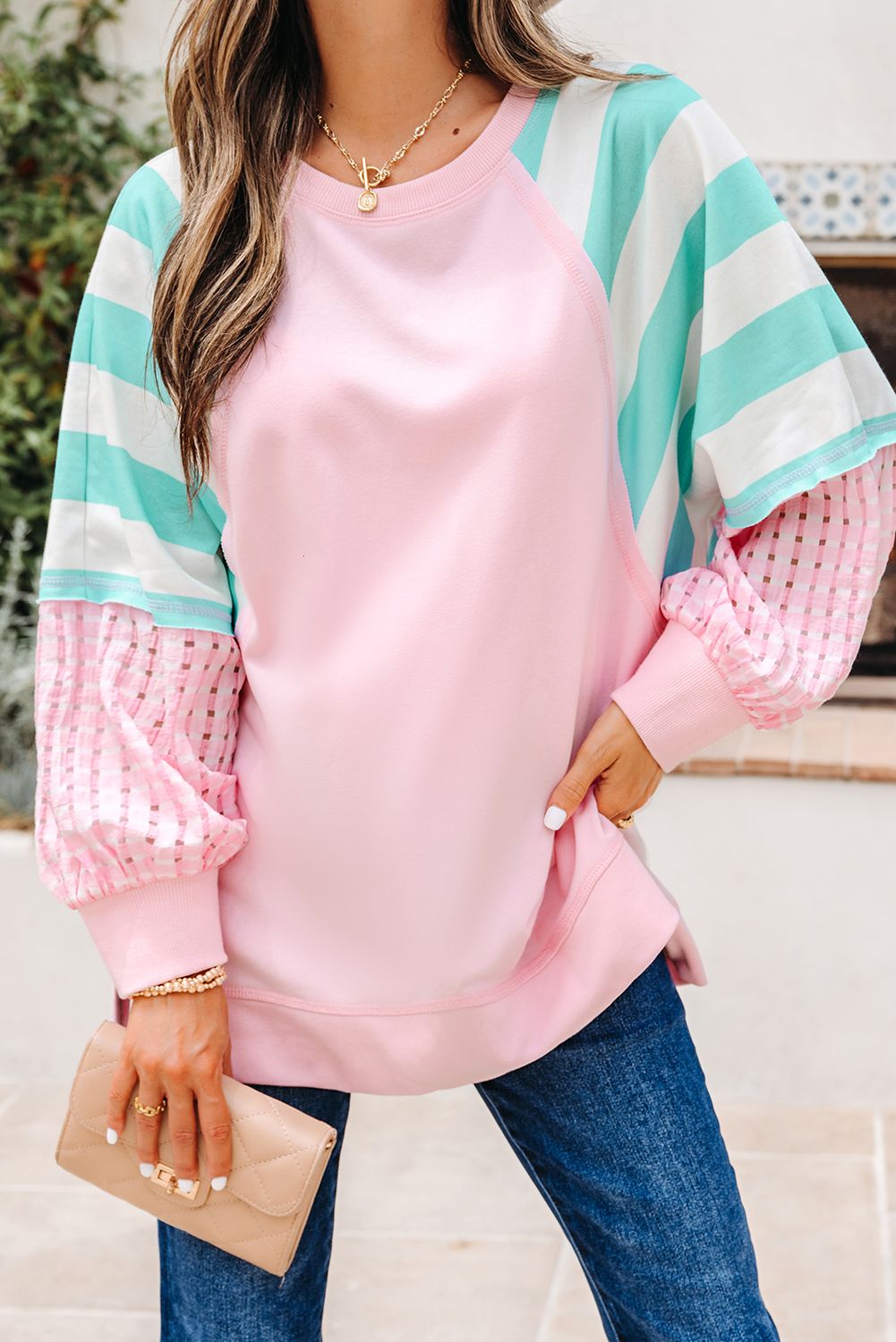 Bonbon Striped Colorblock Patchwork Raglan Pullover Top with Slits - Image 5