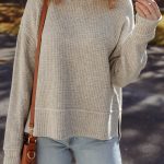 Gray Morn Waffle Texture Knit Ribbed High Neck Drop Shoulder Sweater