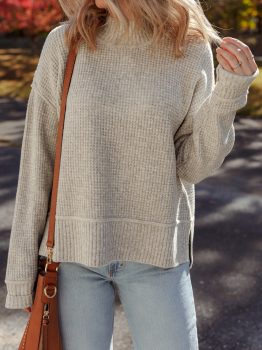 Gray Morn Waffle Texture Knit Ribbed High Neck Drop Shoulder Sweater