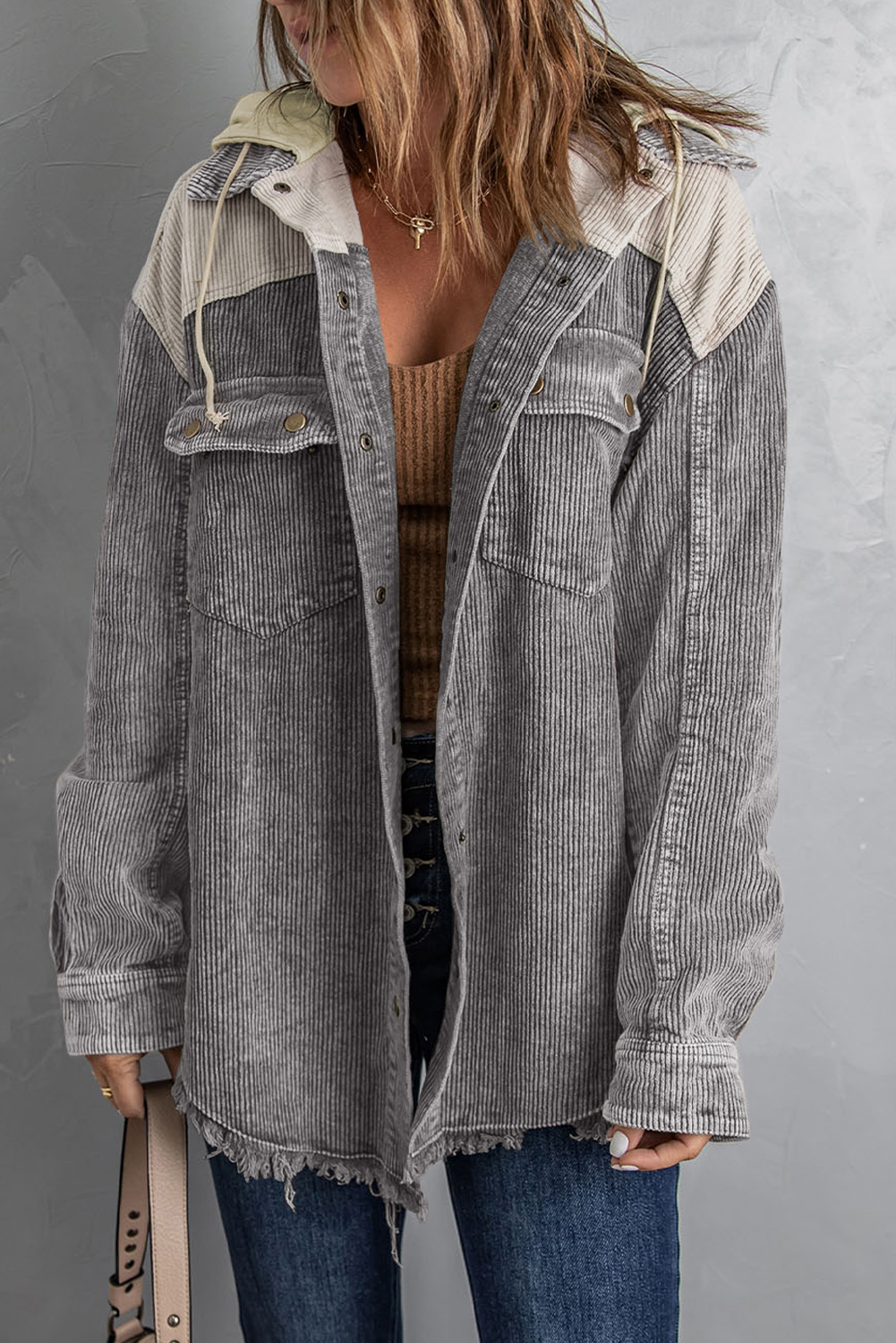 Gray Color Block Button Down Hooded Corduroy Jacket - Image 4