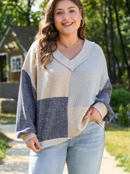 Ashleigh Blue Plus Size Textured Colorblock Patchwork V Neck Top