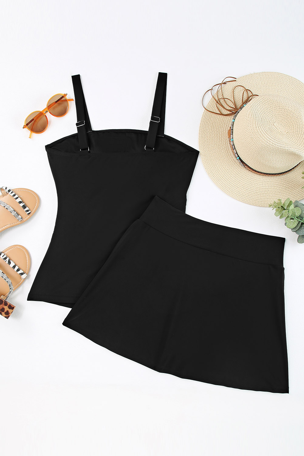 Black Solid Square Neck Sleeveless Tankini Swimsuit - Image 7