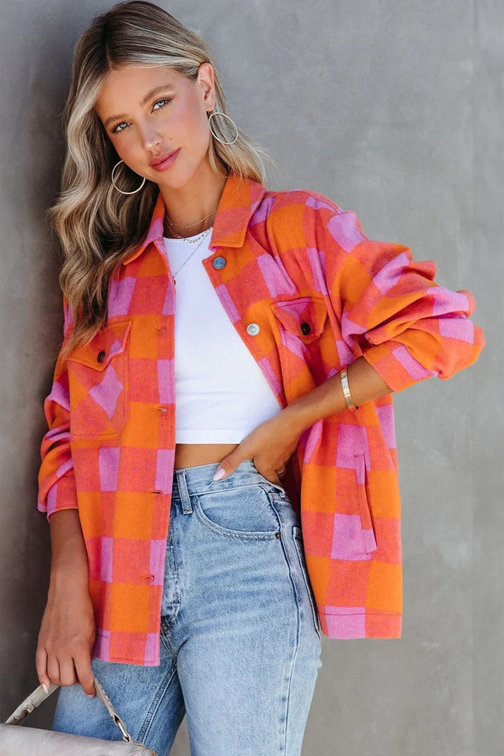 Orange Plaid Chest Pockets Button-up Turn Down Collar Jacket - Image 3