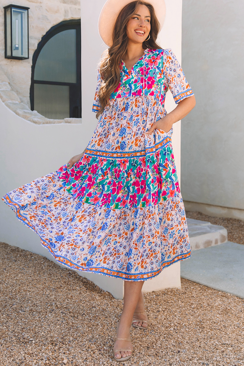 Sky Blue Mixed Floral Print Tie Split Neck Short Sleeve Dress - Image 4