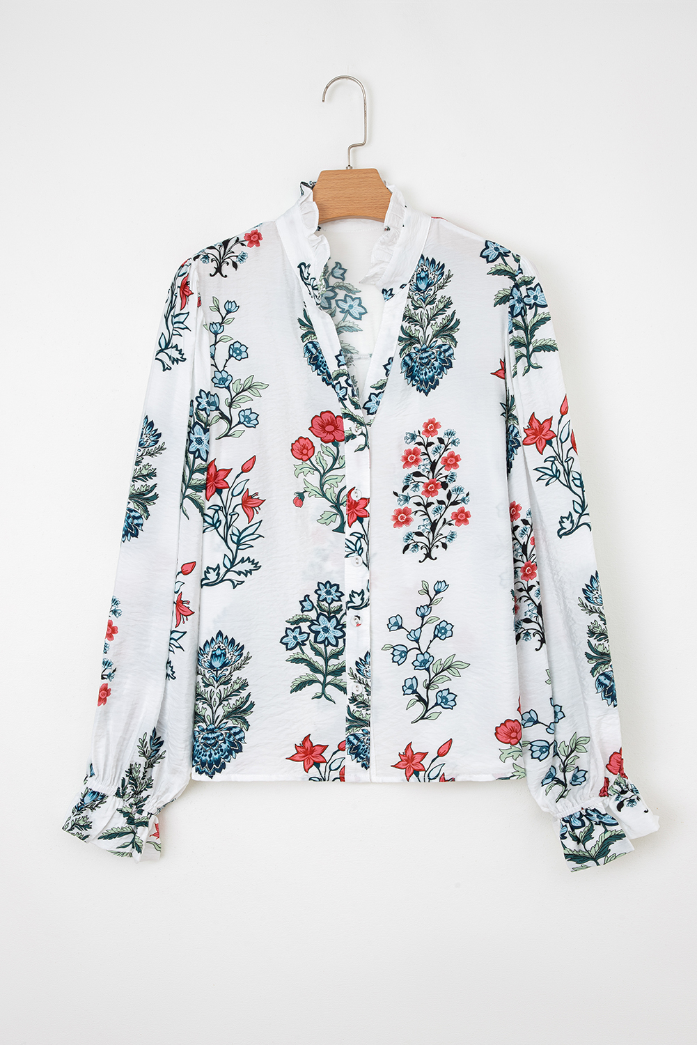 White Floral Print Frilled Collar V Neck Button Down Long Sleeve Shirt - Image 3