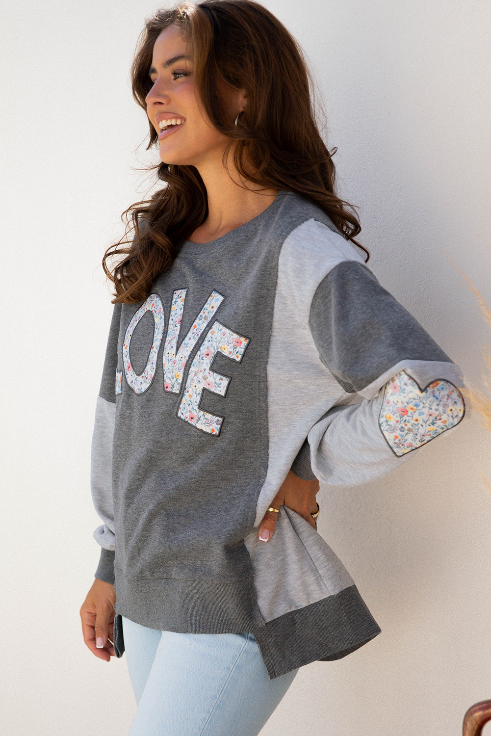 Dark Grey LOVE Graphic Exposed Seam Patchwork Uneven Hem Chic Sweatshirt - Image 11