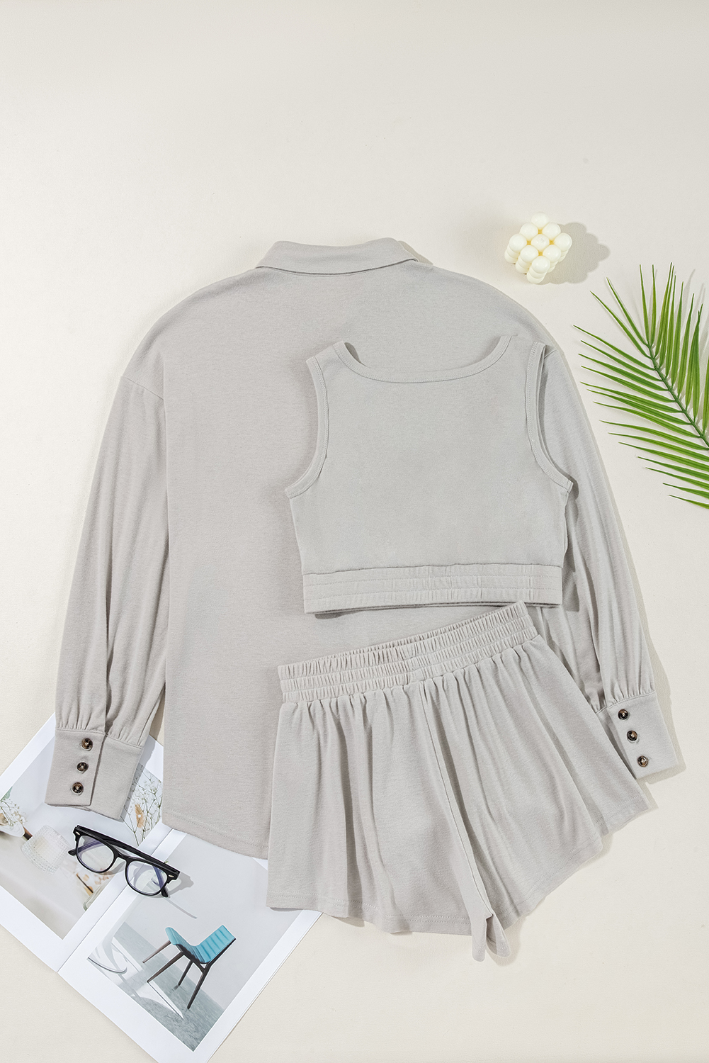 Gray 3 Pcs Crop Tank Top Shorts with Cardigan Lounge Set - Image 5