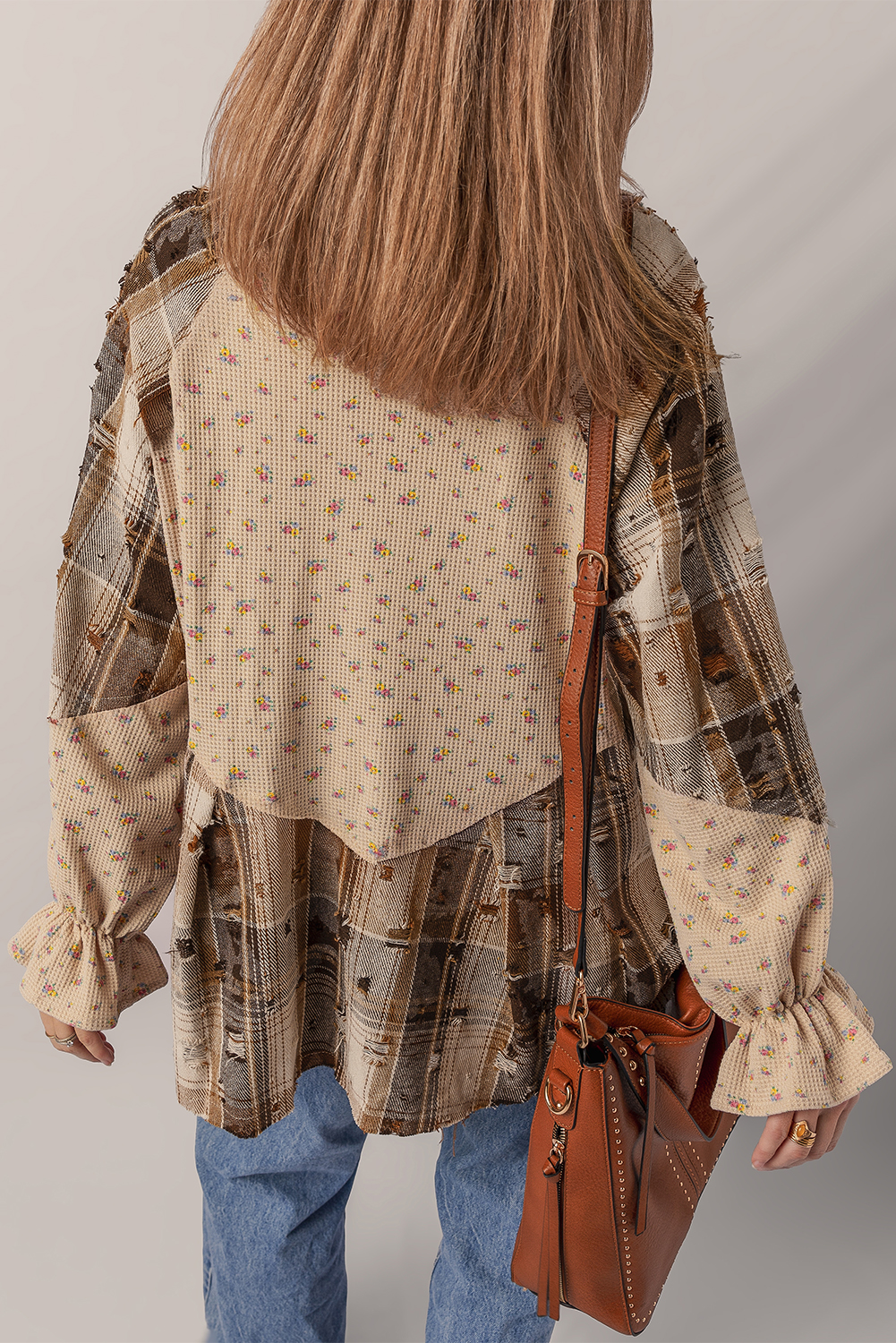 Oatmeal Boho Floral Plaid Patchwork Distressed Detail Ruffled Sleeve Waffle Knit Shacket - Image 2