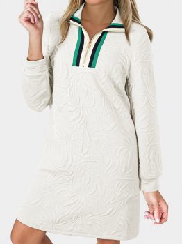 White Jacquard Textured Quarter Zipper Shift Mini Dress