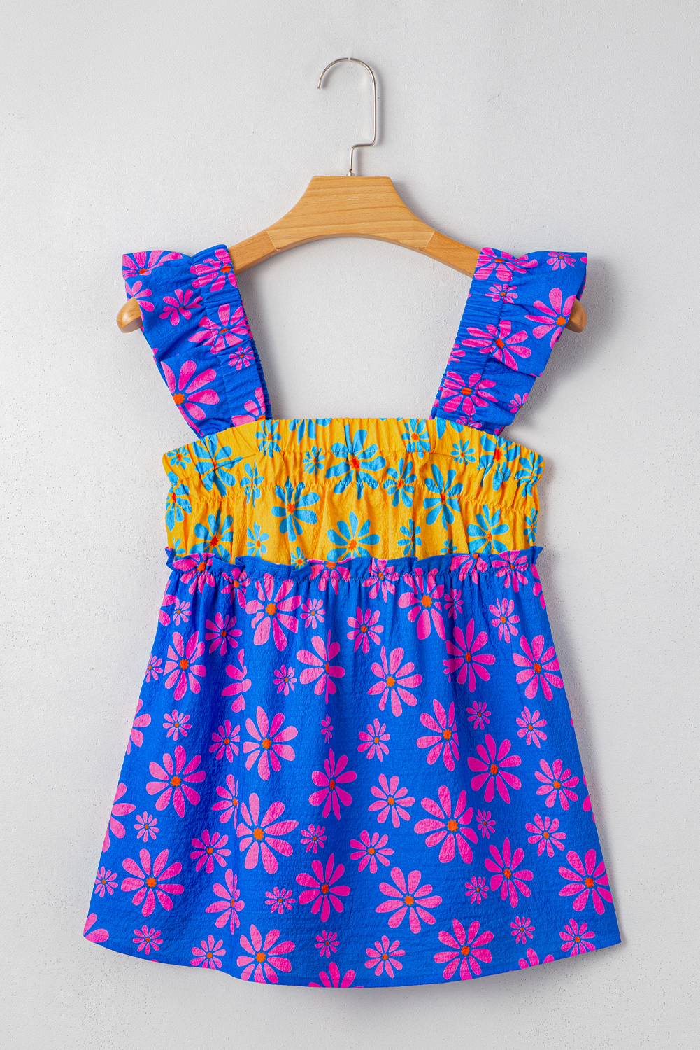 Blue Floral Colorblock Flutter Straps Flowy Tank Top - Image 3