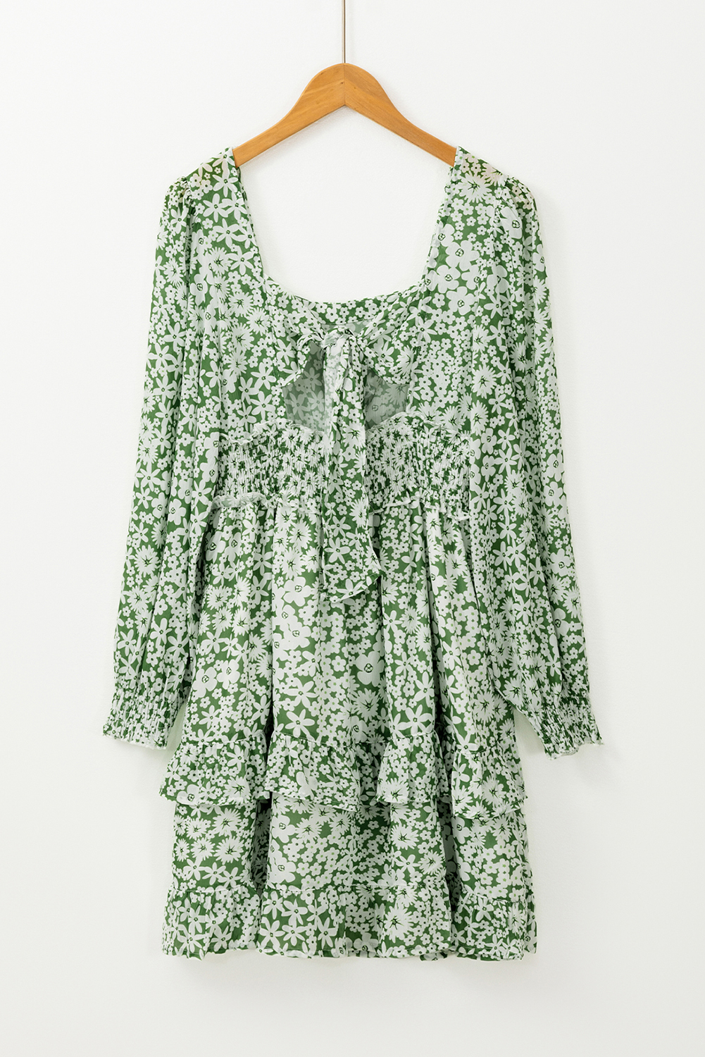 Green Floral Print Square Neck Shirred Waist Tiered Ruffled Mini Dress - Image 7