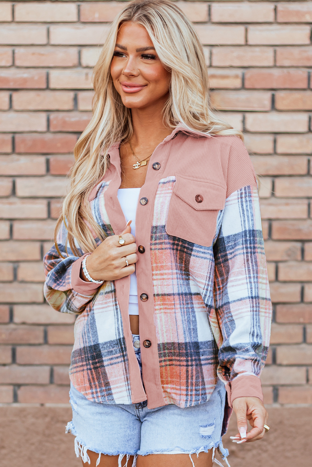 Light Pink Plaid Corduroy Patchwork Chest Pocket Shacket - Image 4