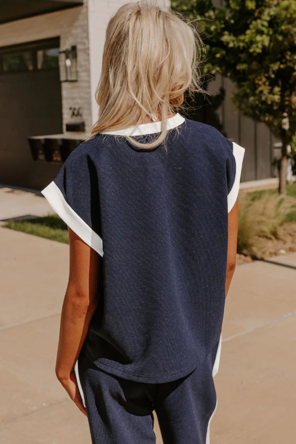 Navy Blue Color Block Pocketed T Shirt and Wide Leg Pants Set - Image 2