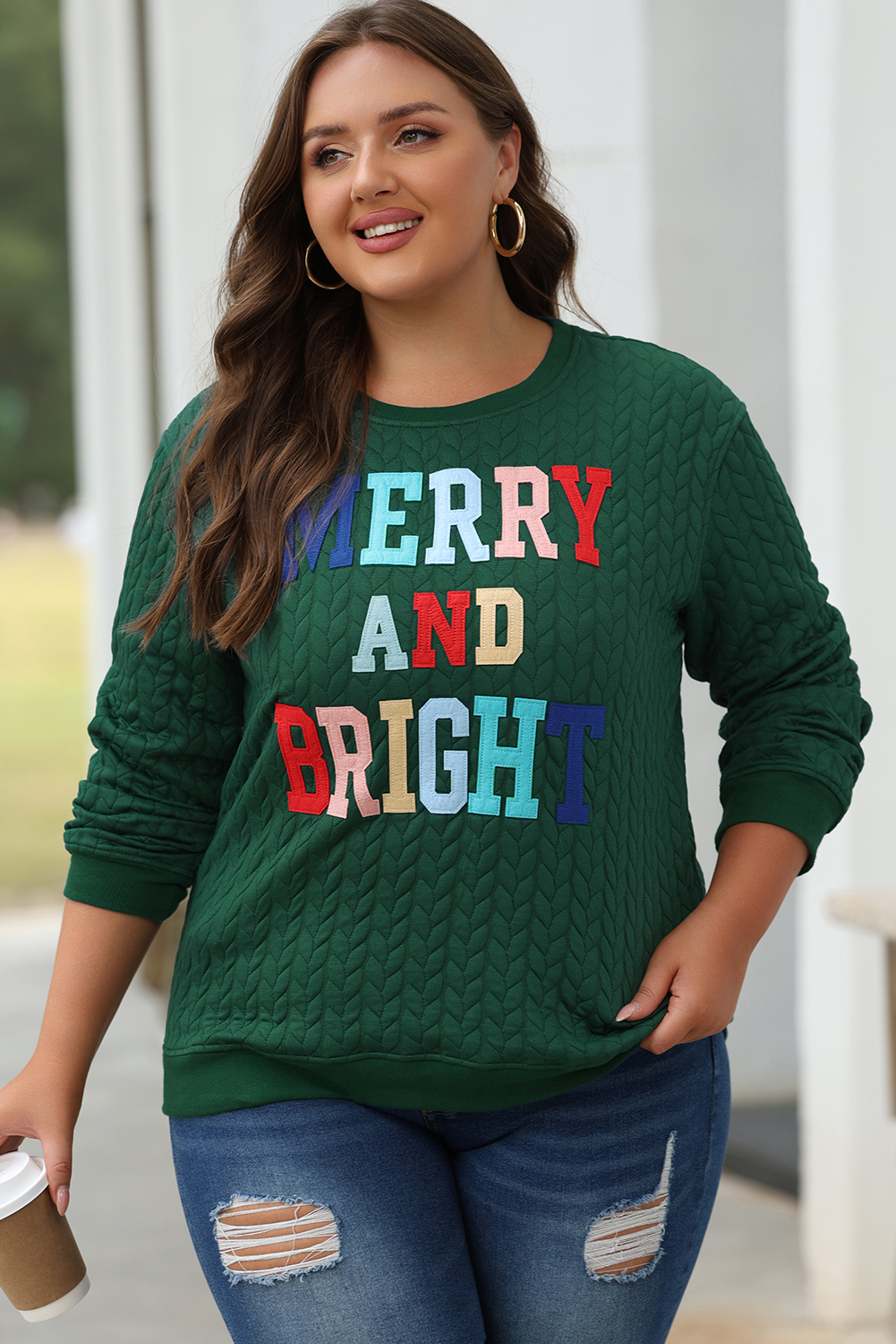 Blackish Green Merry And Bright Cable Knit Pullover Sweatshirt - Image 2