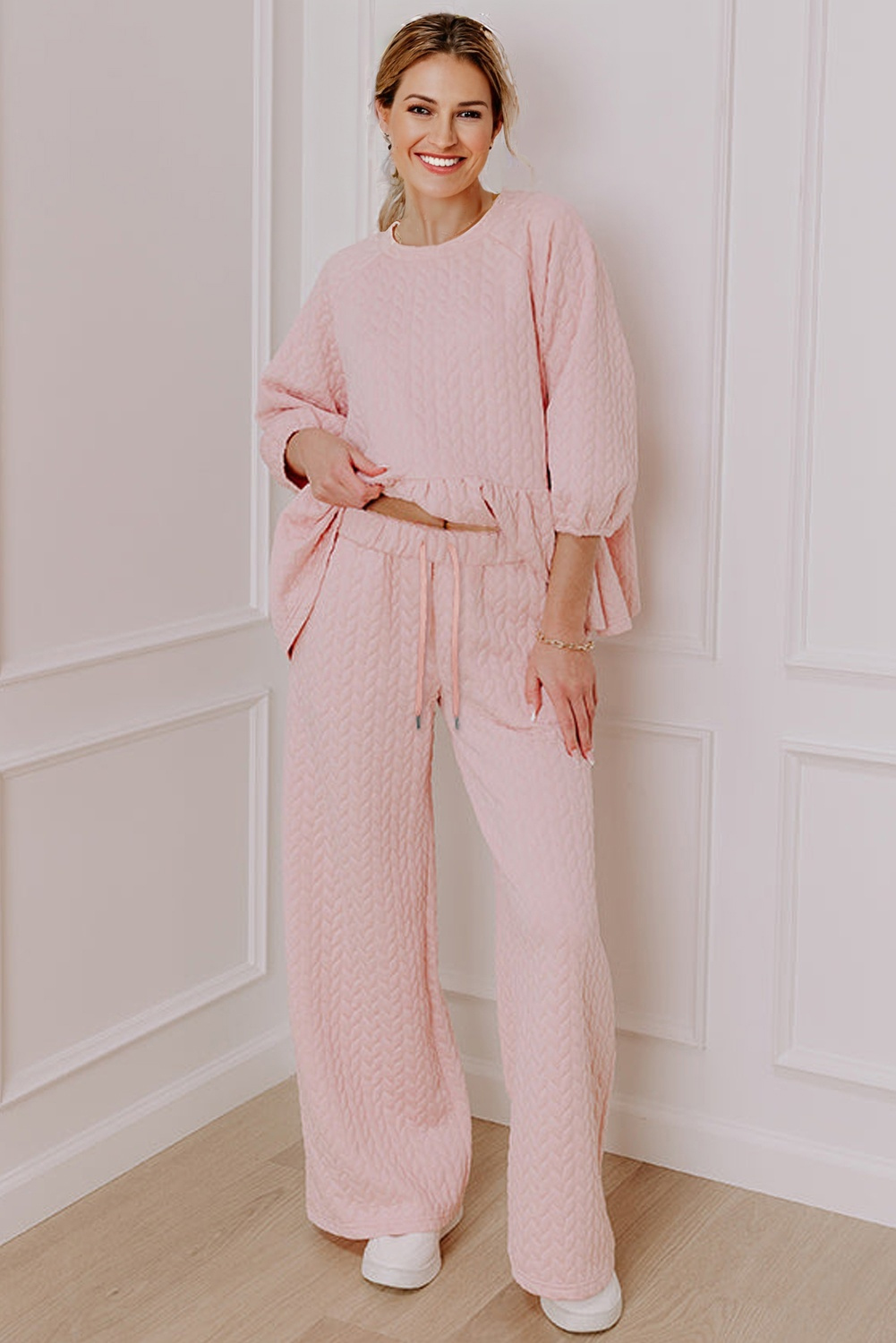 Delicacy Braided Texture Ruffle Hem Top Drawstring Loose Pants Set - Image 2