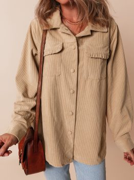 Light French Beige Solid Frilled Flap Pocket Button Up Corduroy Shacket