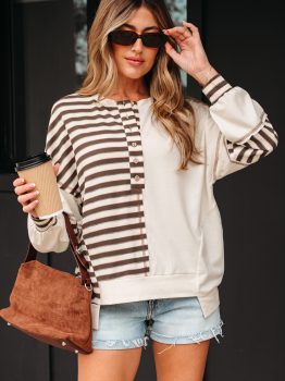 Khaki Stripe Stitched Detail Color Block Patchwork Oversized Pullover Top