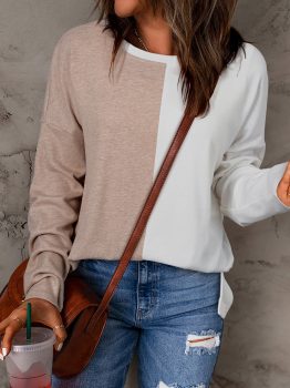 Khaki Colorblock Long Sleeve Crew Neck Top