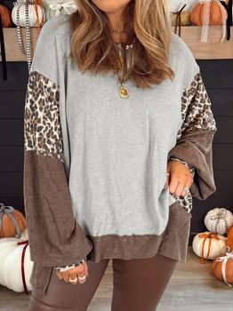 Gray Color Block Leopard Patchwork Dolman Sleeve High Low Baggy Sweatshirt
