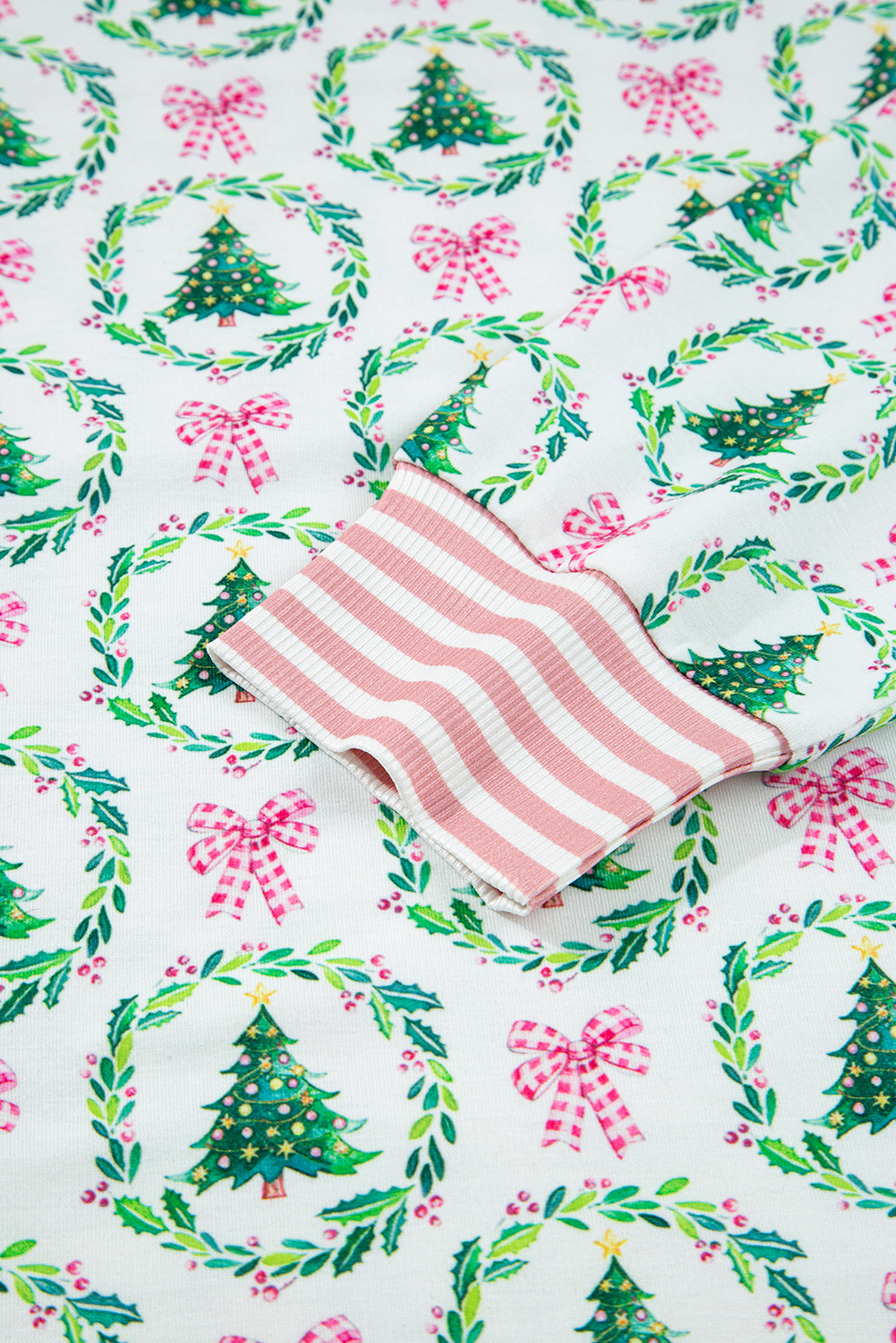 Green Bow Christmas Tree Print Contrast Striped Banding 2pcs Lounge Set - Image 8