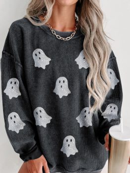 Black Halloween Ghost Corded Crew Neck Loose Sweatshirt