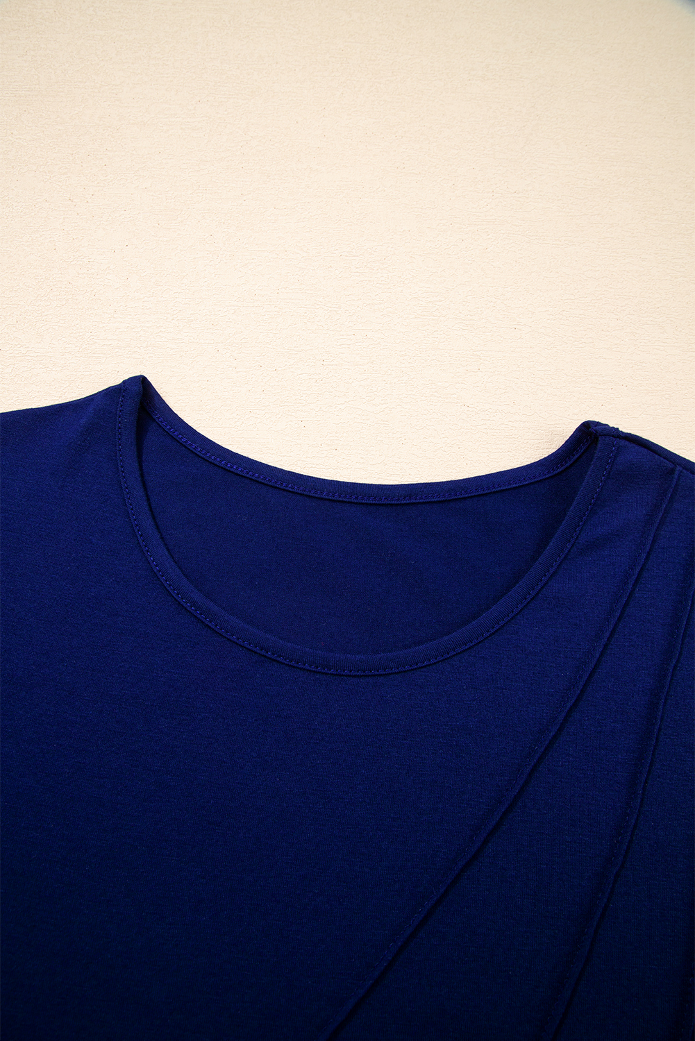 Navy Blue Asymmetric Seam Detail Solid Color Long Sleeve Top - Image 8