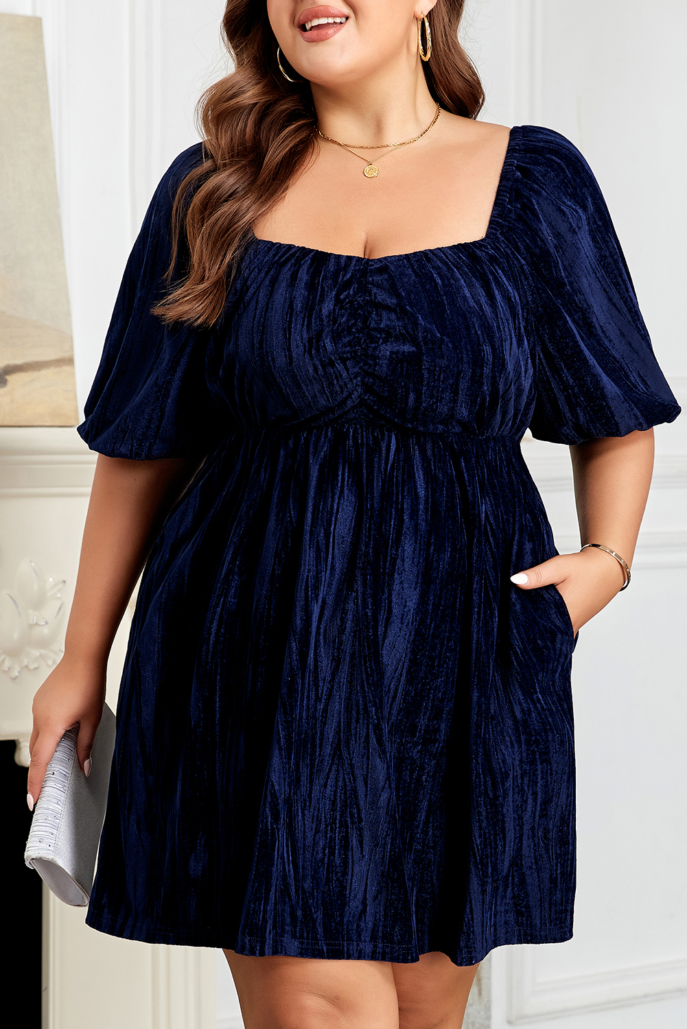 Navy Blue Velvet Ruched Bust Square Neck Short Puff Sleeve Plus Dress - Image 7