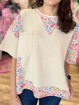 Beige Floral Patchwork Chest Pocket Wide Sleeve Waffle T Shirt