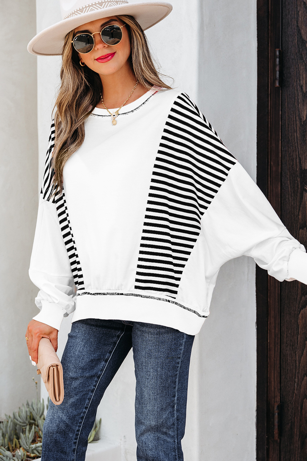 White Stripe Colorblock Patchwork Contrast Stitching Oversize Sweatshirt - Image 3