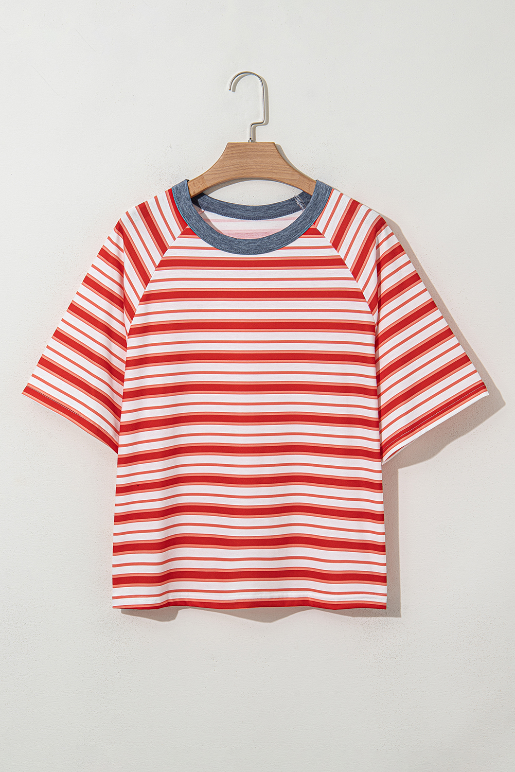 Tomato Red Stripe Print Contrast Collar Raglan Sleeve T Shirt - Image 5
