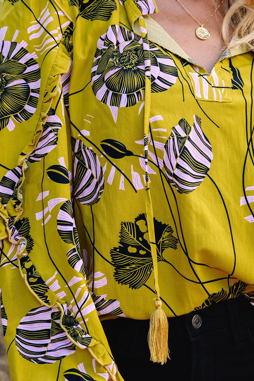 Yellow Vintage Floral V Neck Ruffle Trim Long Sleeve Blouse - Image 8