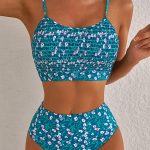 Blue Floral Print Smocked Cute Bikini Set