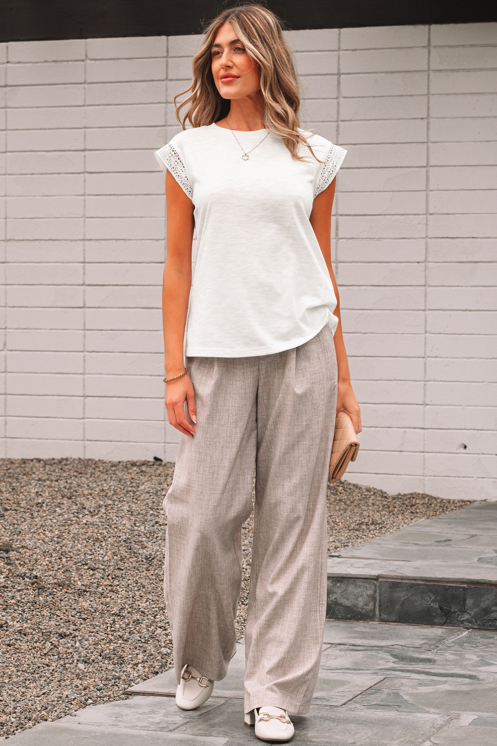 White Lace Patchwork Cap Sleeve Round Neck T Shirt - Image 5