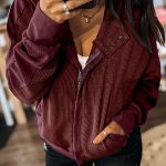Burgundy Waffle Splicing Zip Up Front Button Hooded Jacket